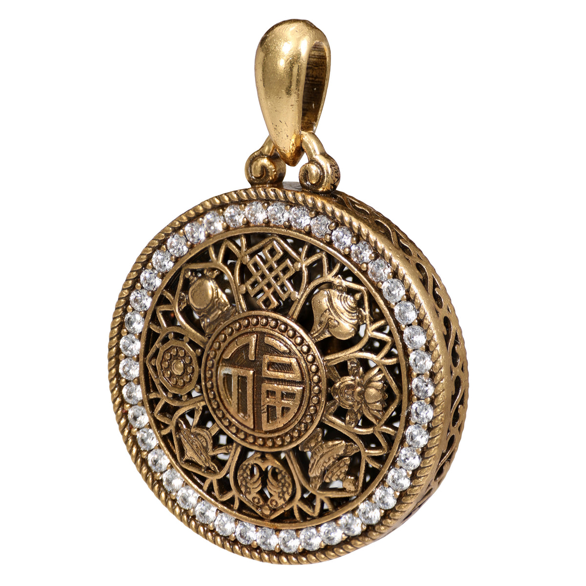NE-PD-0043 Silver Fu Symbol White Stone Double-Sided Pendant