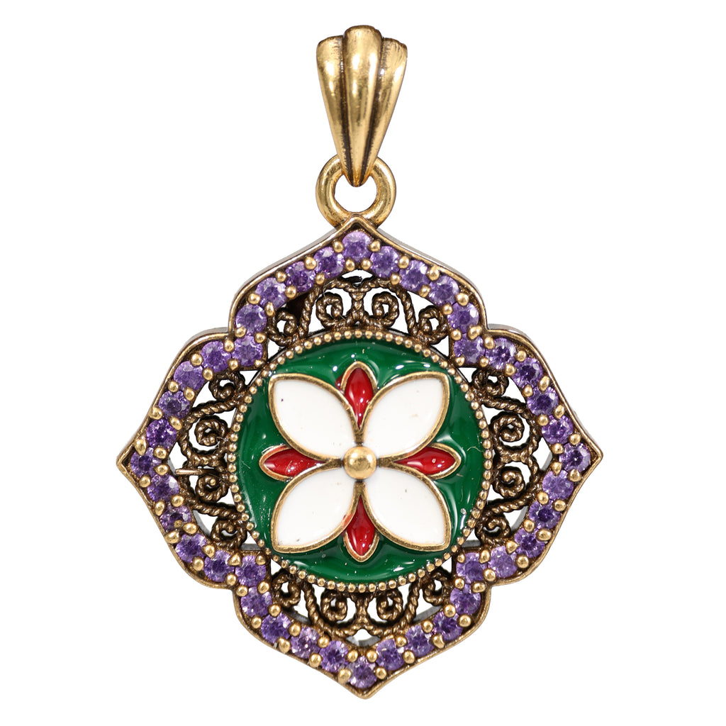 NE-PD-0049 Silver Floral Fu Symbol Double-Sided Pendant