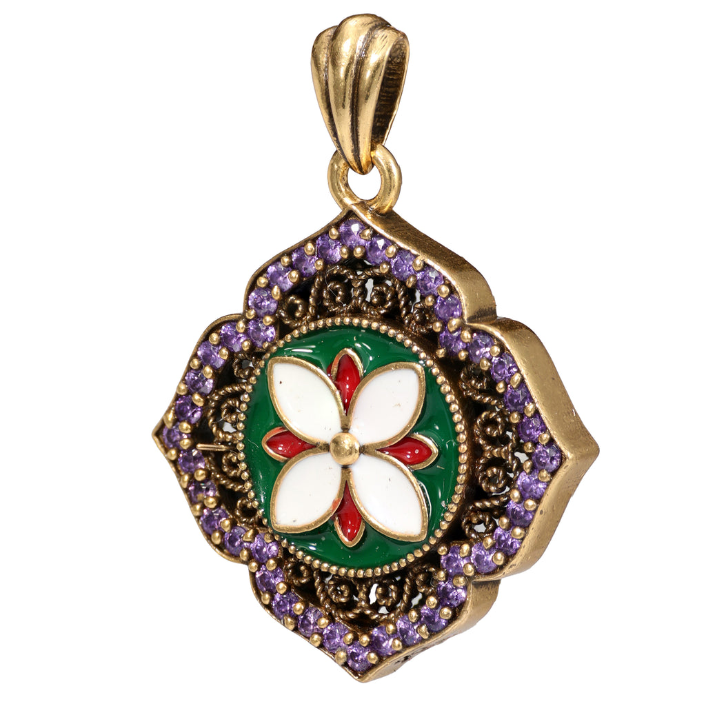 NE-PD-0049 Silver Floral Fu Symbol Double-Sided Pendant