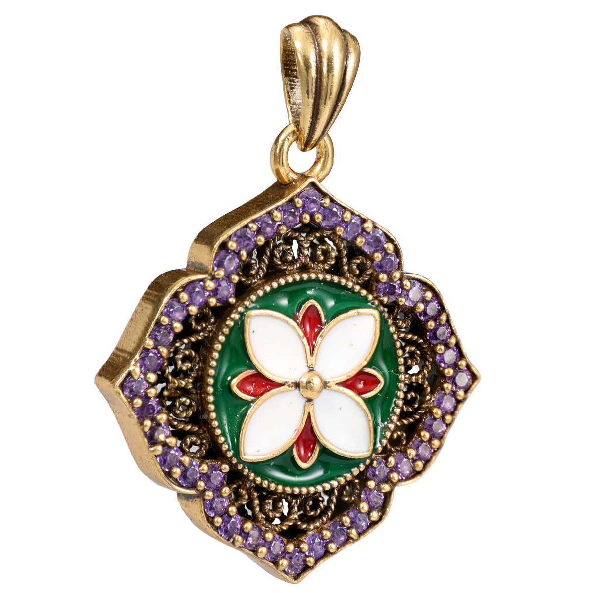 NE-PD-0049 Silver Floral Fu Symbol Double-Sided Pendant