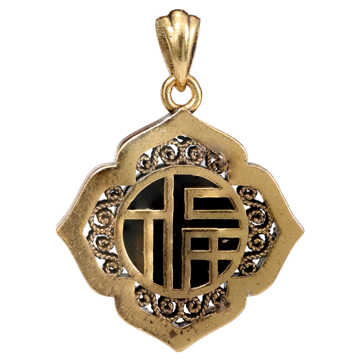 NE-PD-0049 Silver Floral Fu Symbol Double-Sided Pendant