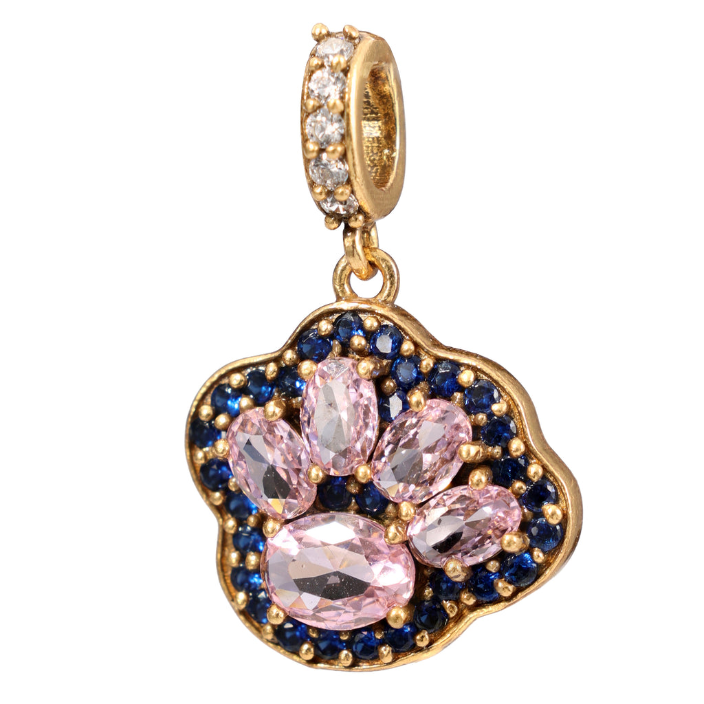 NE-PD-0045 Silver Paw Print Pink Blue Stone Pendant