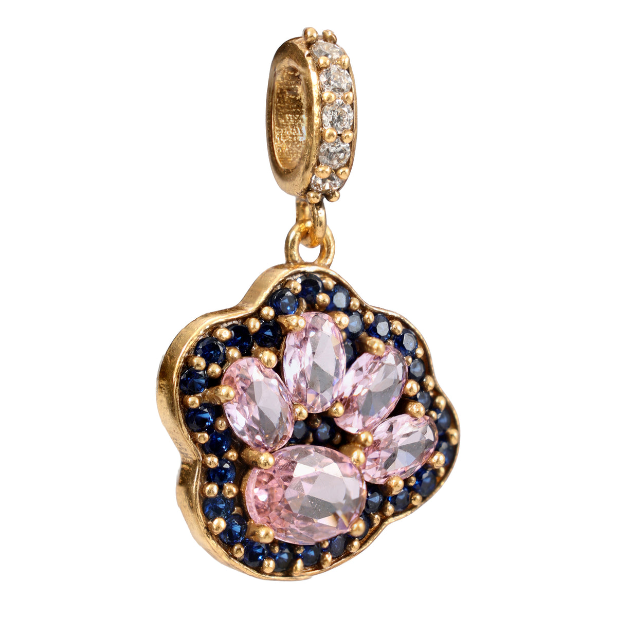 NE-PD-0046 Silver Paw Print Pink Blue Stone Pendant