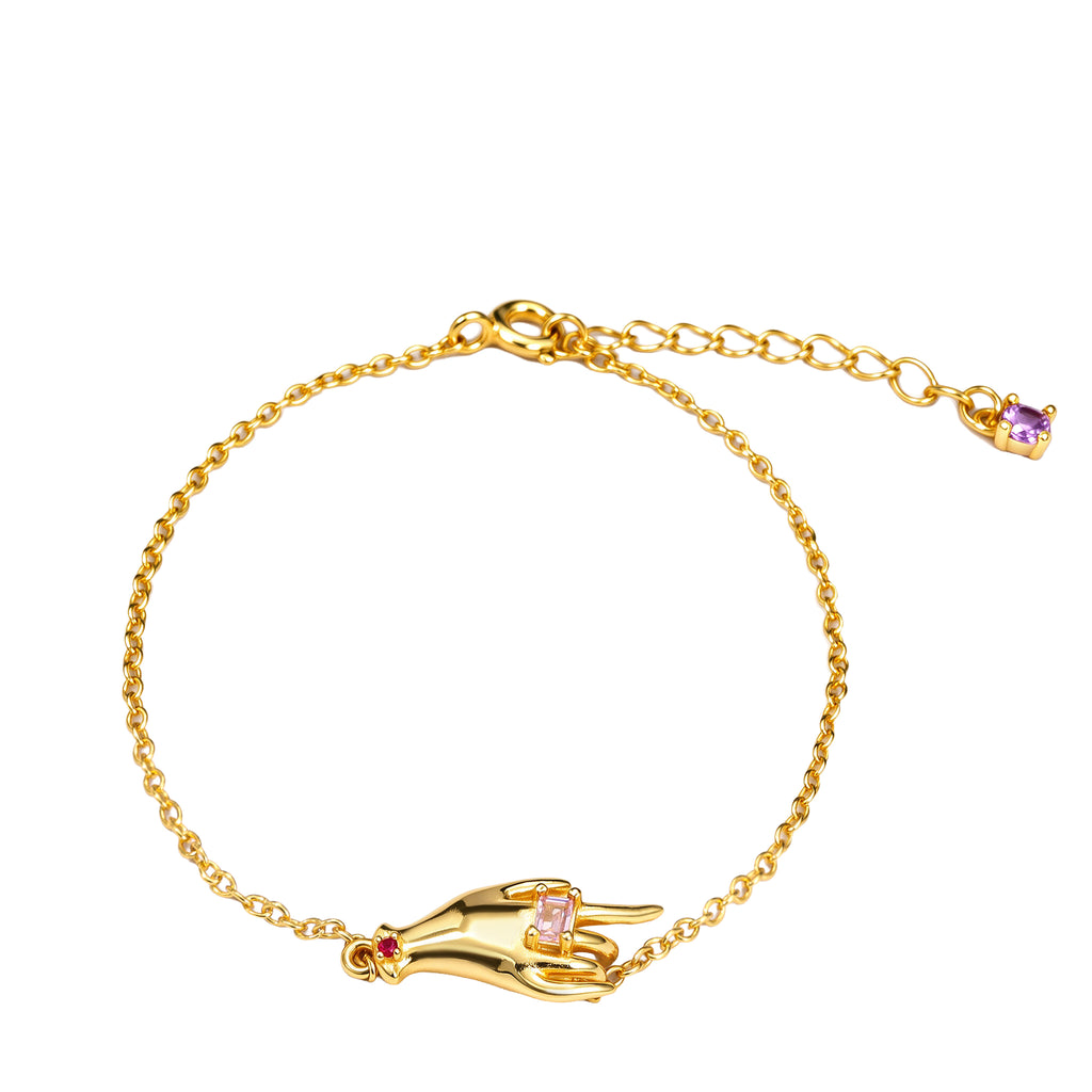 NE-BL-0002 Silver Hand Pink Stone Chain Bracelet