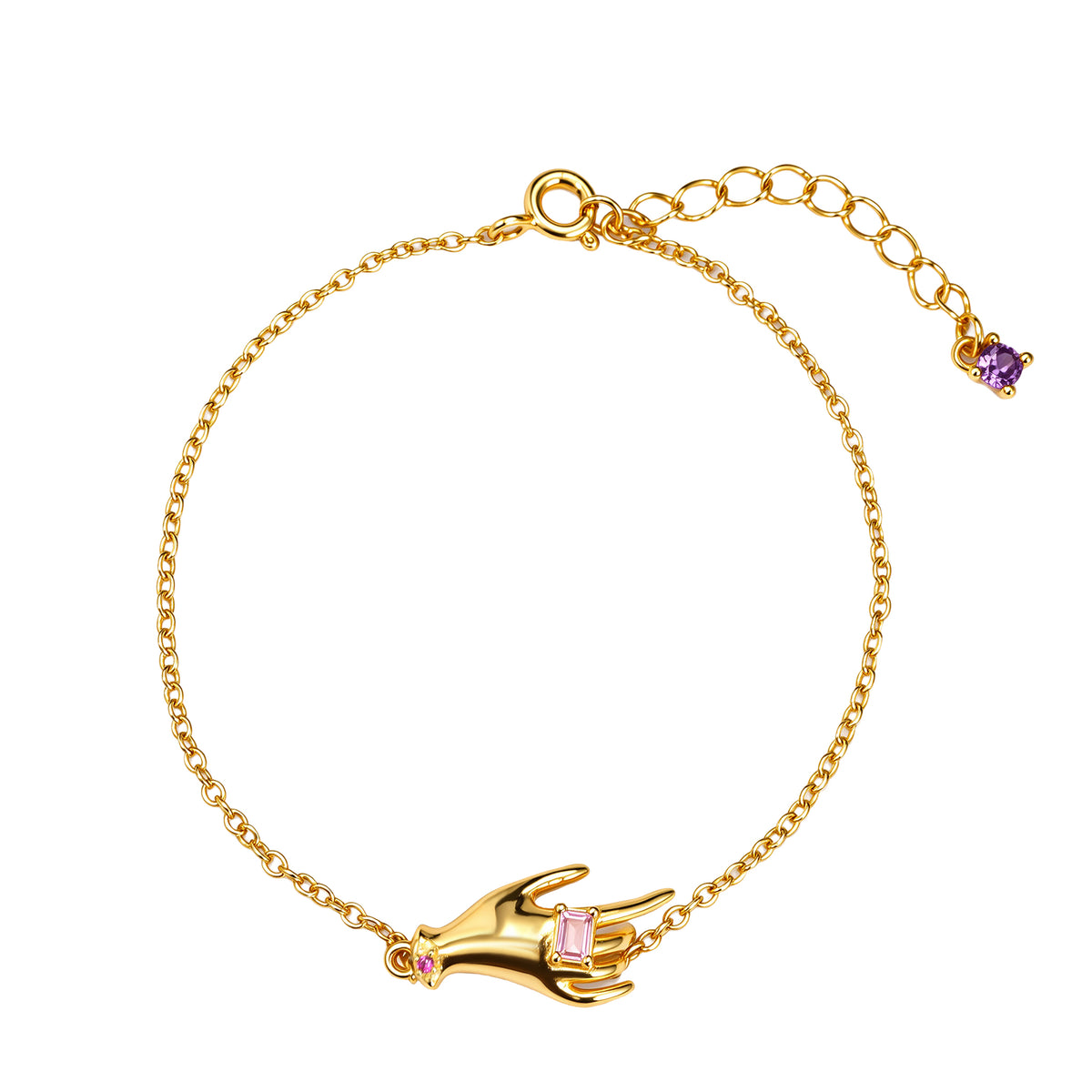 NE-BL-0002 Silver Hand Pink Stone Chain Bracelet