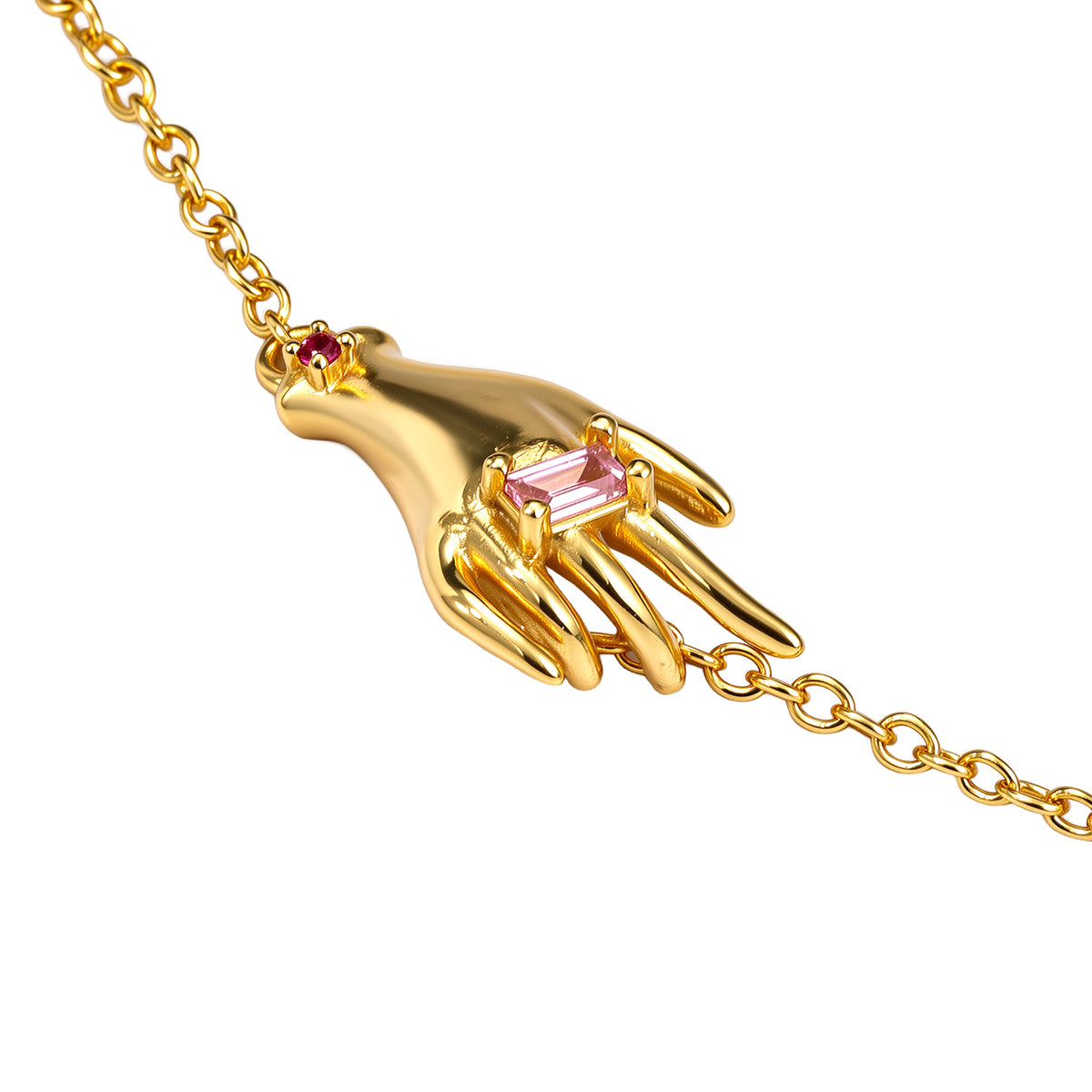 NE-BL-0002 Silver Hand Pink Stone Chain Bracelet