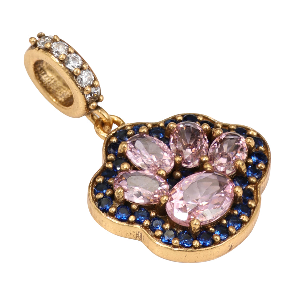 NE-PD-0045 Silver Paw Print Pink Blue Stone Pendant
