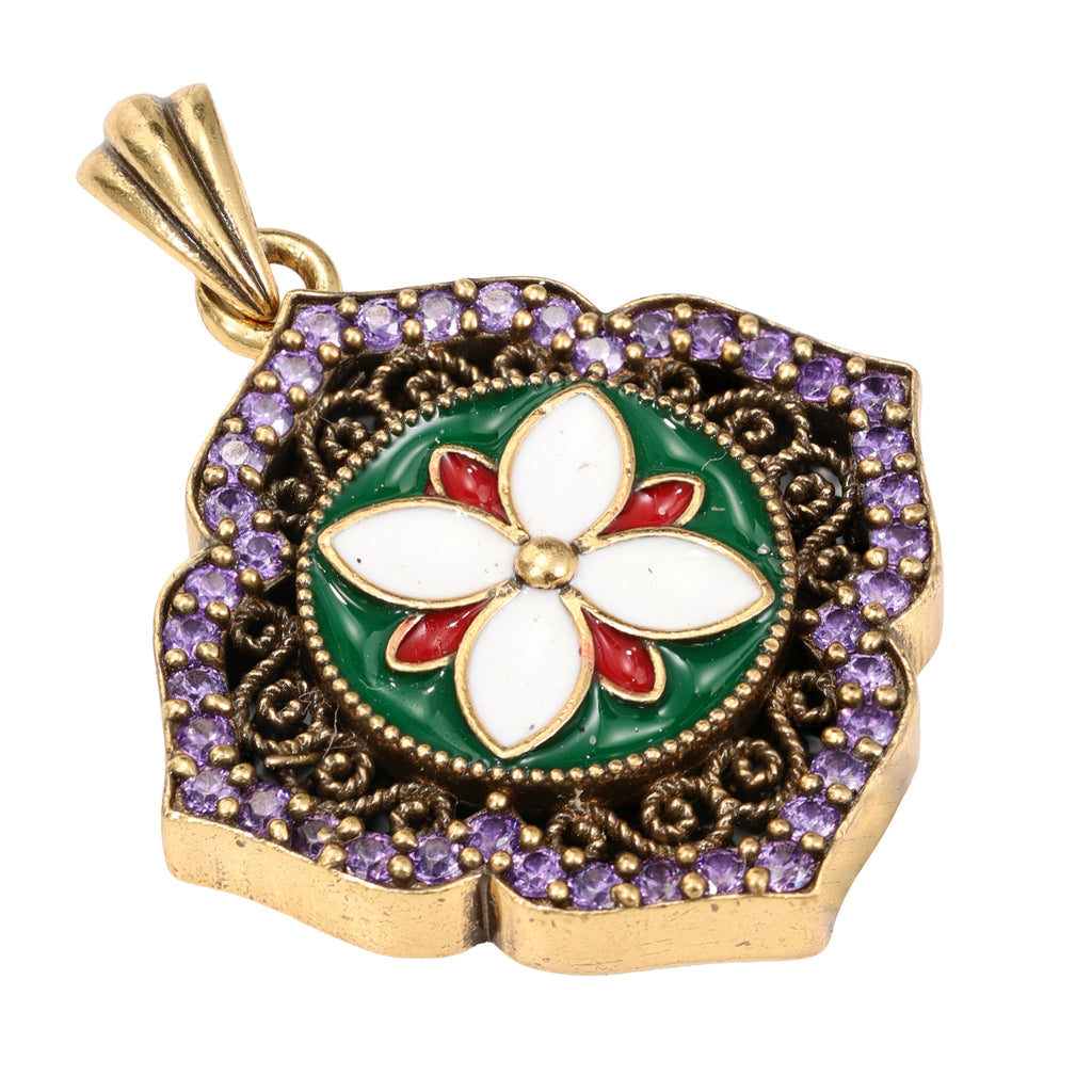 NE-PD-0049 Silver Floral Fu Symbol Double-Sided Pendant