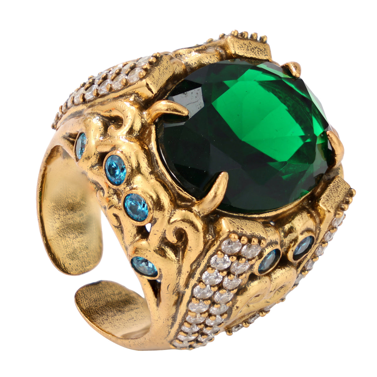 NE-RG-0058 Silver Green Stone Heart Detail Statement Ring
