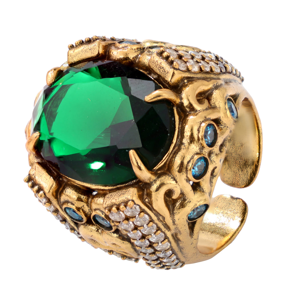 NE-RG-0058 Silver Green Stone Heart Detail Statement Ring