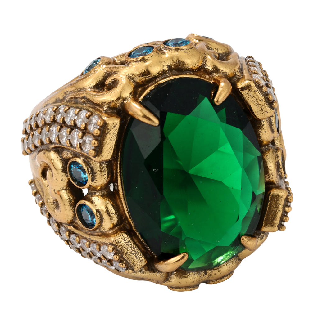 NE-RG-0058 Silver Green Stone Heart Detail Statement Ring