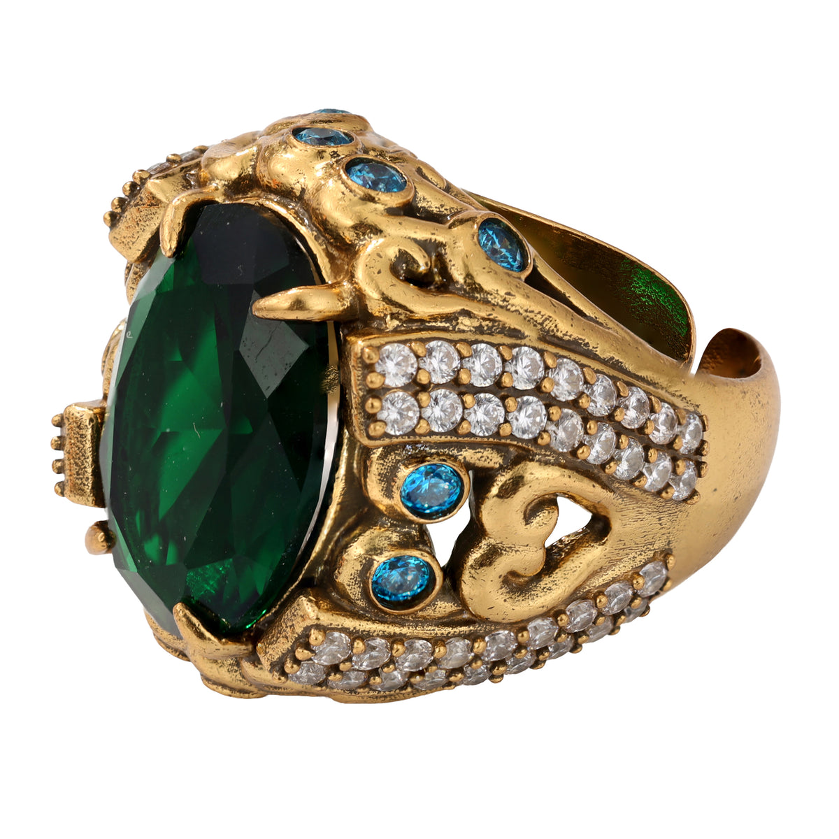 NE-RG-0058 Silver Green Stone Heart Detail Statement Ring