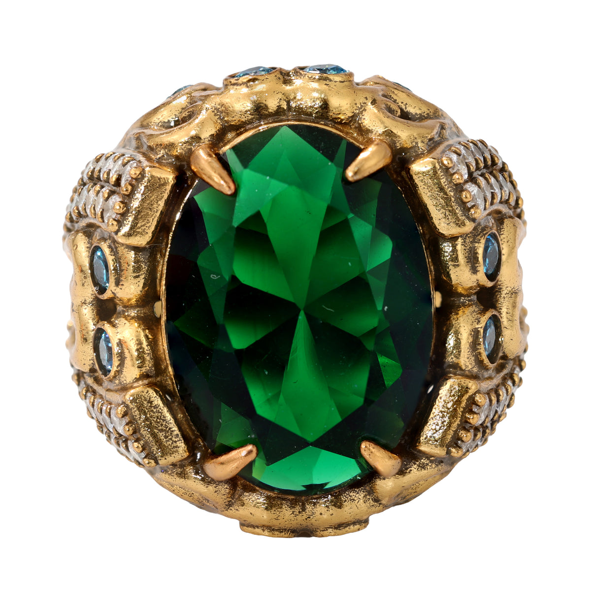 NE-RG-0058 Silver Green Stone Heart Detail Statement Ring