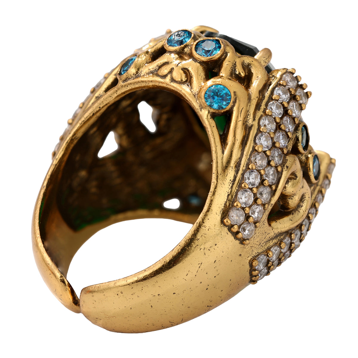 NE-RG-0058 Silver Green Stone Heart Detail Statement Ring