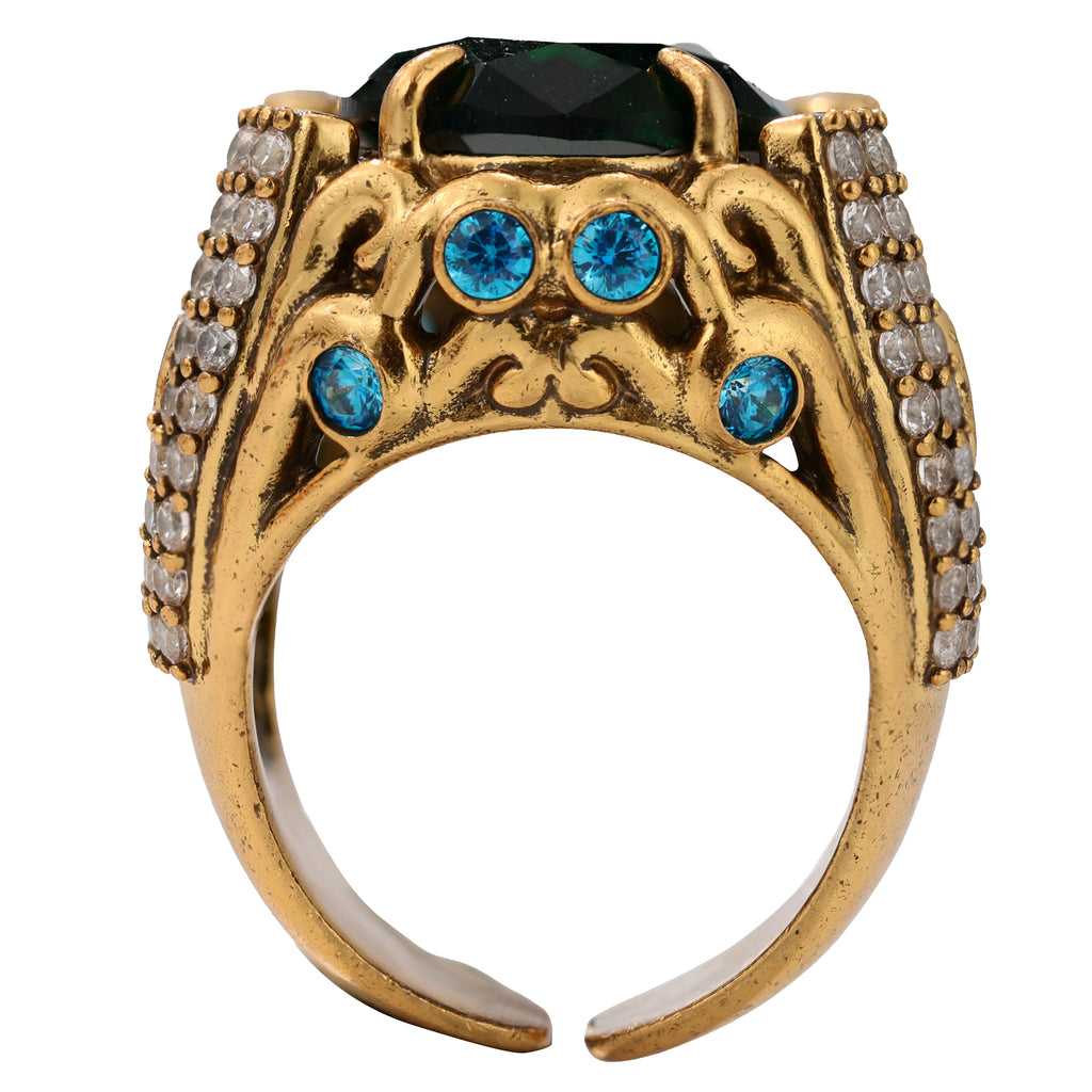 NE-RG-0058 Silver Green Stone Heart Detail Statement Ring