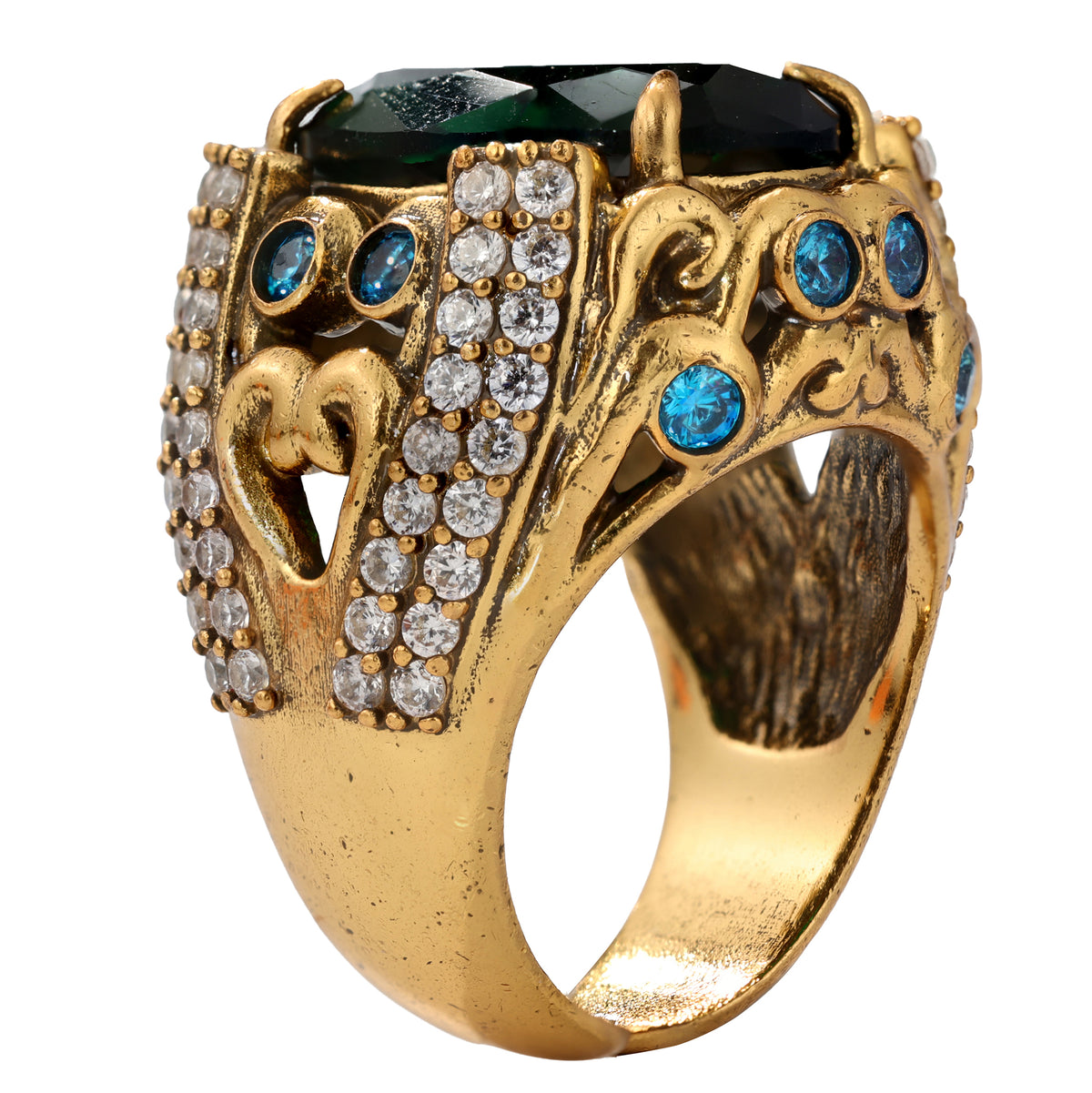 NE-RG-0058 Silver Green Stone Heart Detail Statement Ring