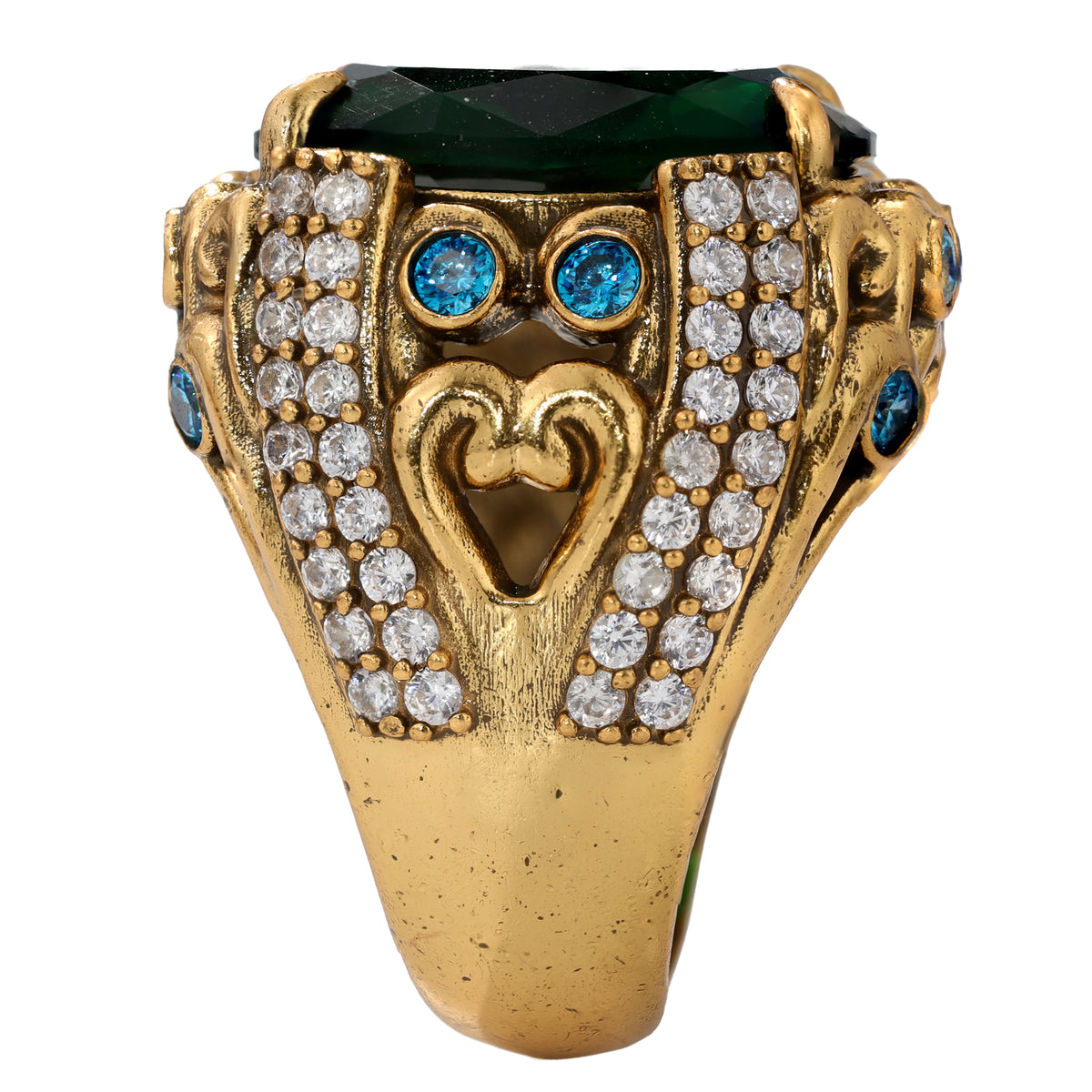 NE-RG-0058 Silver Green Stone Heart Detail Statement Ring