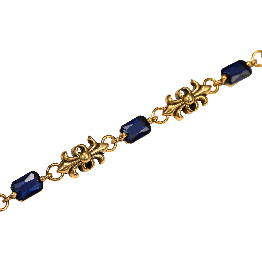 NE-BL-0014 Silver Floral Blue Stone Link Bracelet