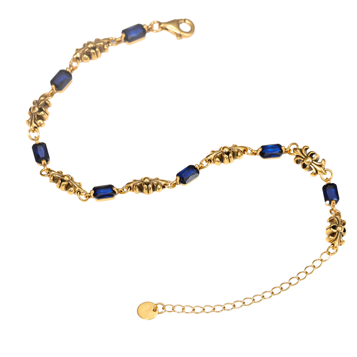 NE-BL-0014 Silver Floral Blue Stone Link Bracelet