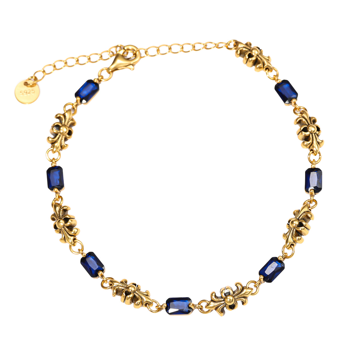 NE-BL-0014 Silver Floral Blue Stone Link Bracelet