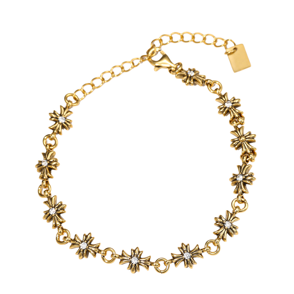 NE-BL-0004 Silver Floral White Stone Chain Bracelet