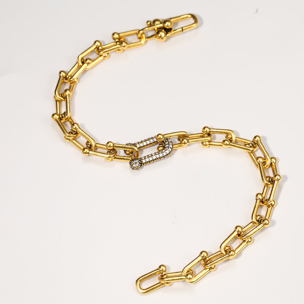 NE-BL-0006 Silver Paperclip White Stone Link Bracelet