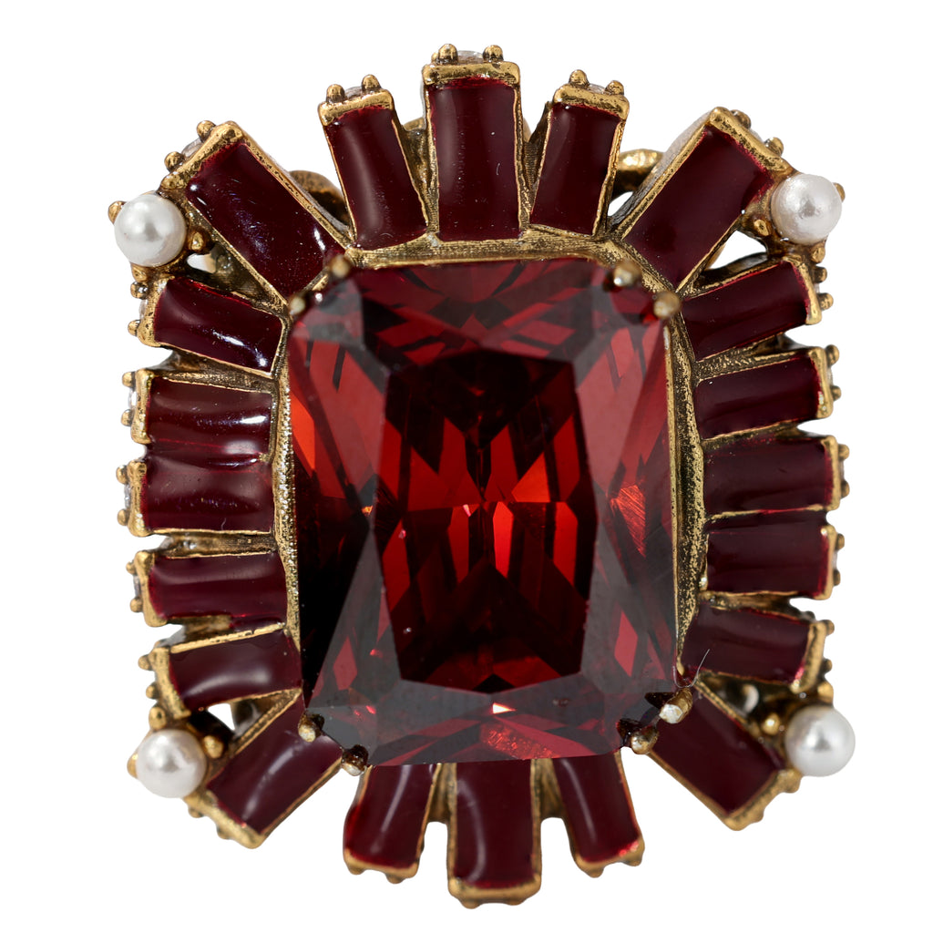NE-RG-0059 Silver Red Stone Pearl Halo Statement Ring