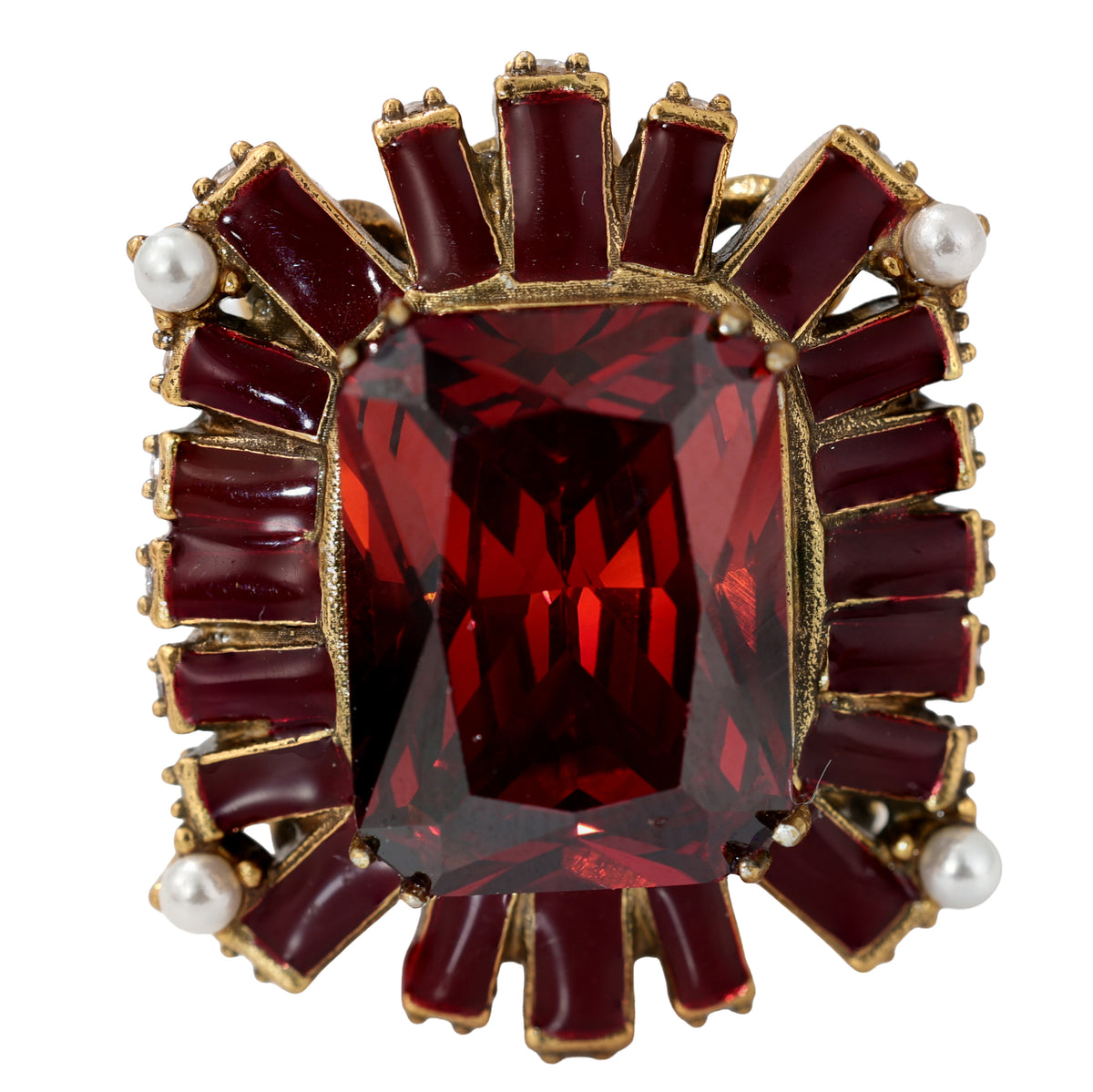 NE-RG-0059 Silver Red Stone Pearl Halo Statement Ring