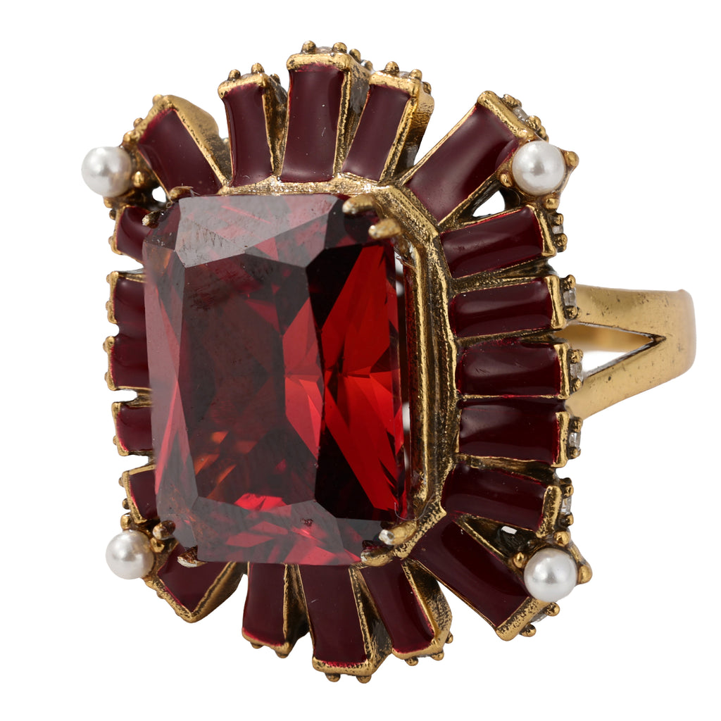 NE-RG-0059 Silver Red Stone Pearl Halo Statement Ring