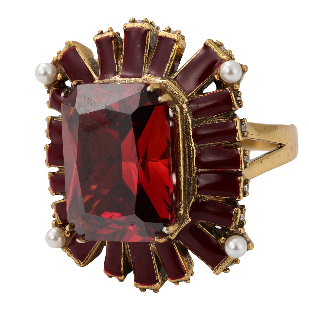 NE-RG-0059 Silver Red Stone Pearl Halo Statement Ring