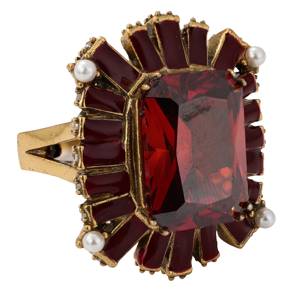 NE-RG-0059 Silver Red Stone Pearl Halo Statement Ring