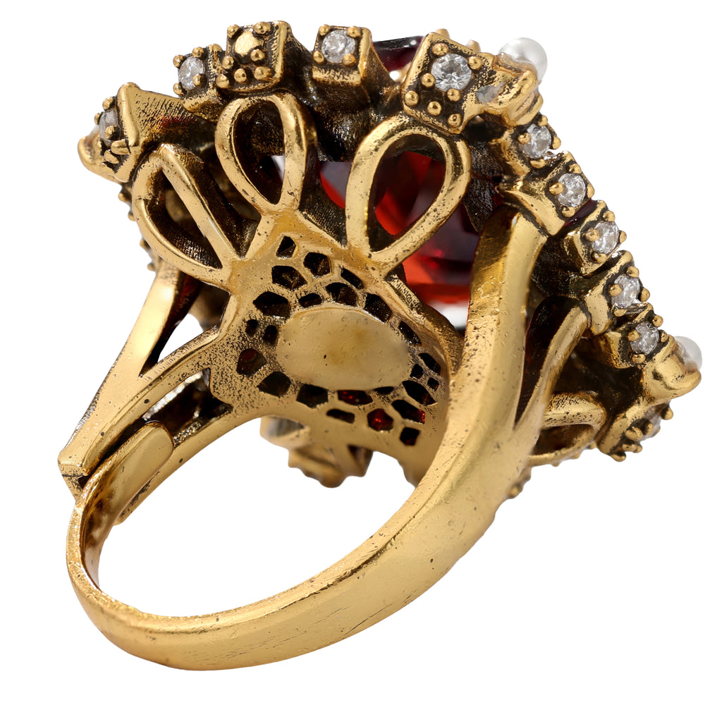 NE-RG-0059 Silver Red Stone Pearl Halo Statement Ring