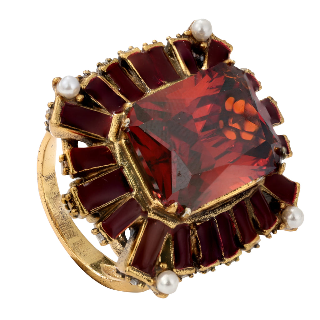 NE-RG-0059 Silver Red Stone Pearl Halo Statement Ring