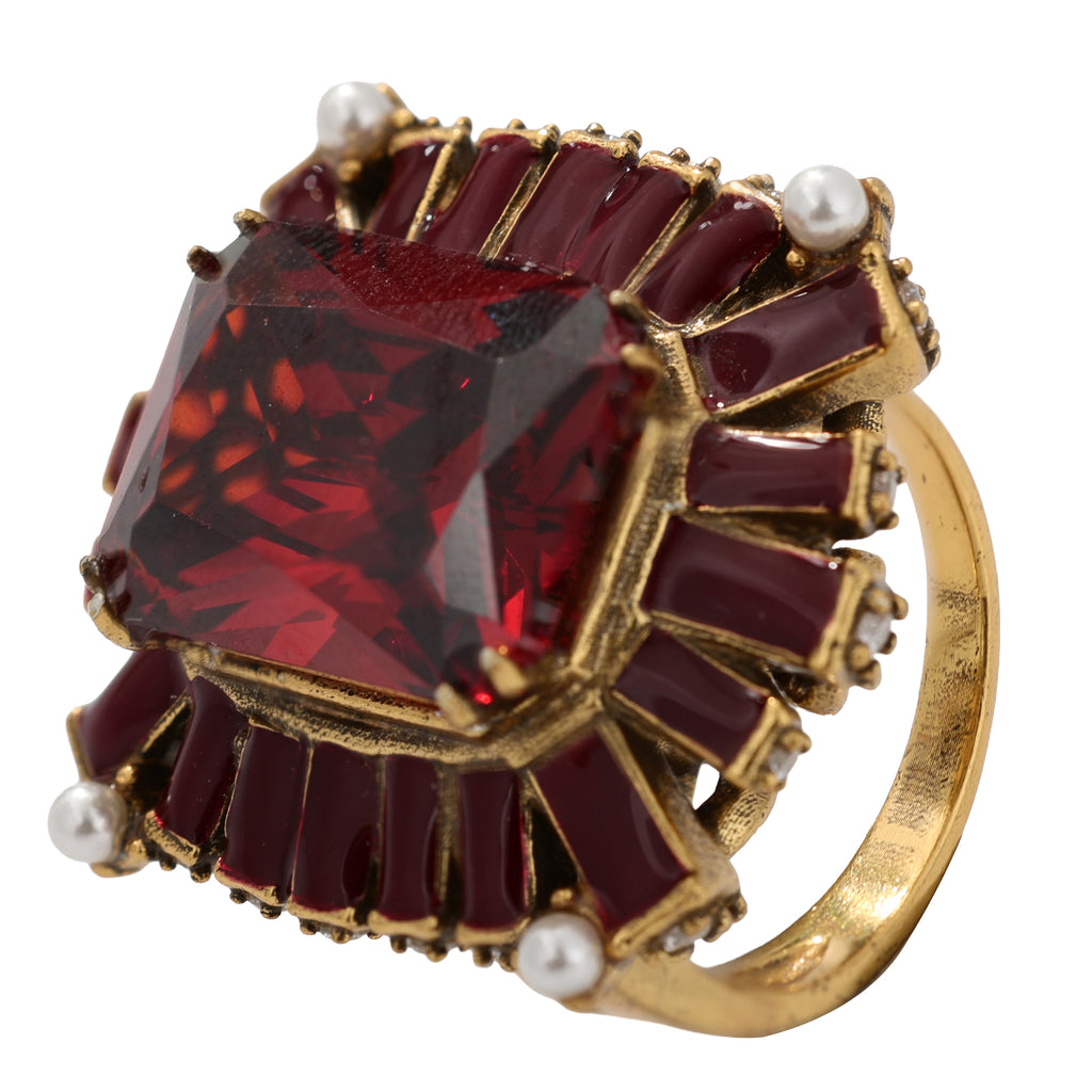 NE-RG-0059 Silver Red Stone Pearl Halo Statement Ring