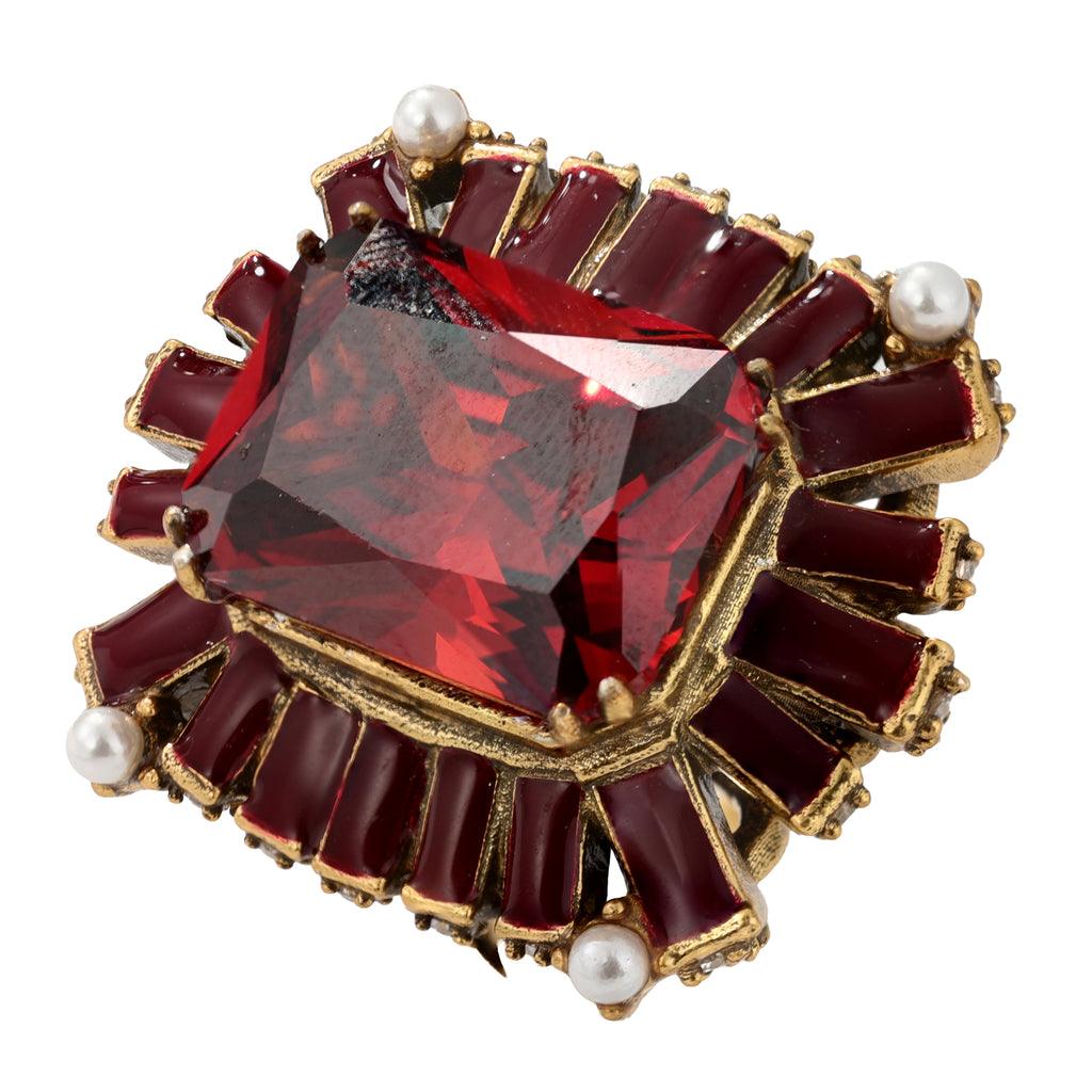 NE-RG-0059 Silver Red Stone Pearl Halo Statement Ring