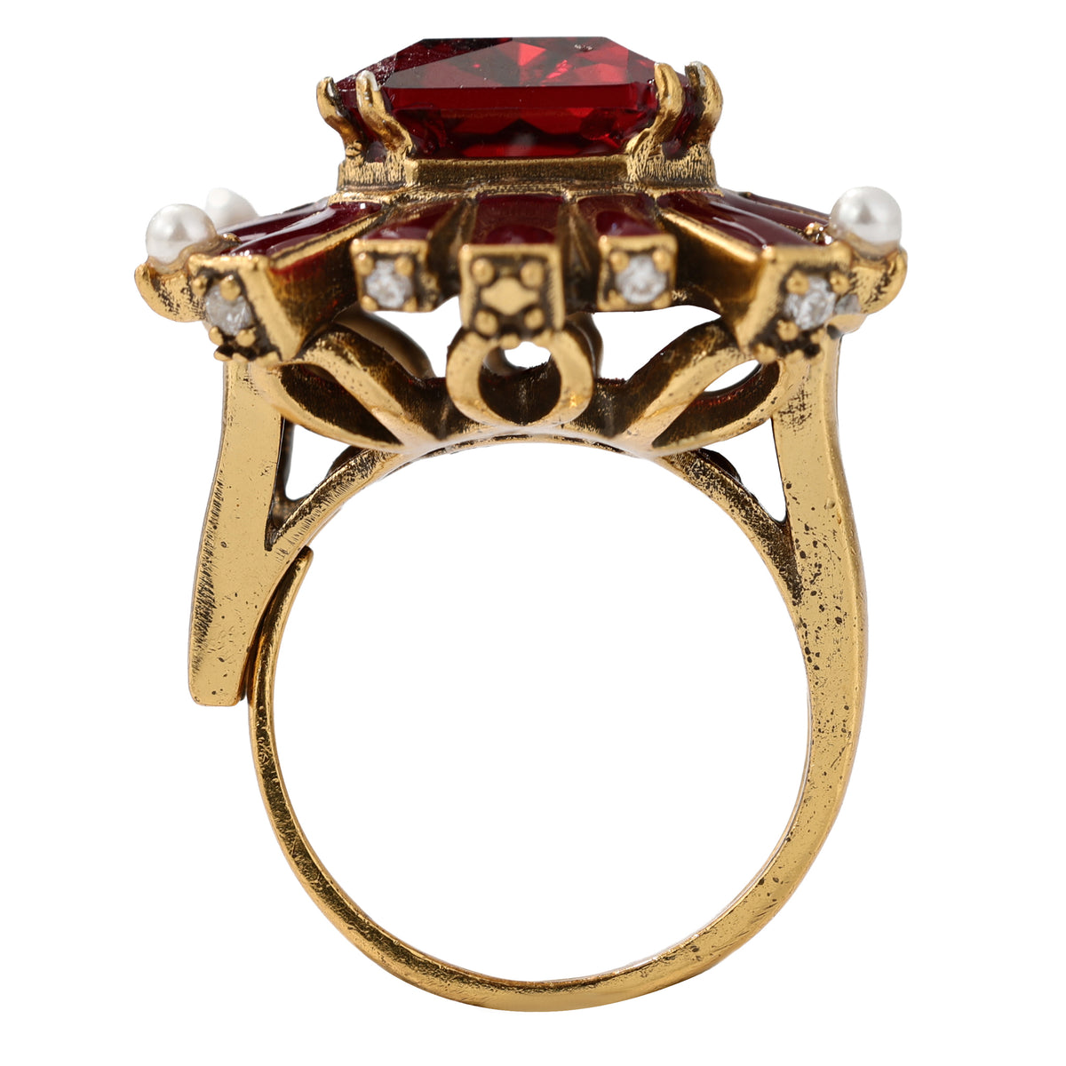 NE-RG-0059 Silver Red Stone Pearl Halo Statement Ring