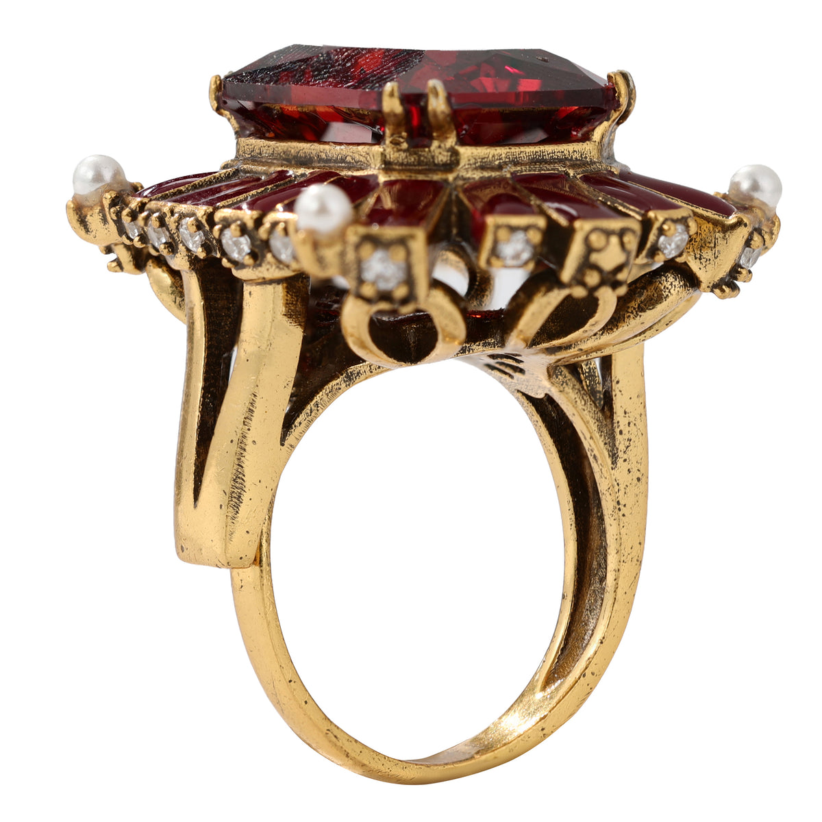 NE-RG-0059 Silver Red Stone Pearl Halo Statement Ring