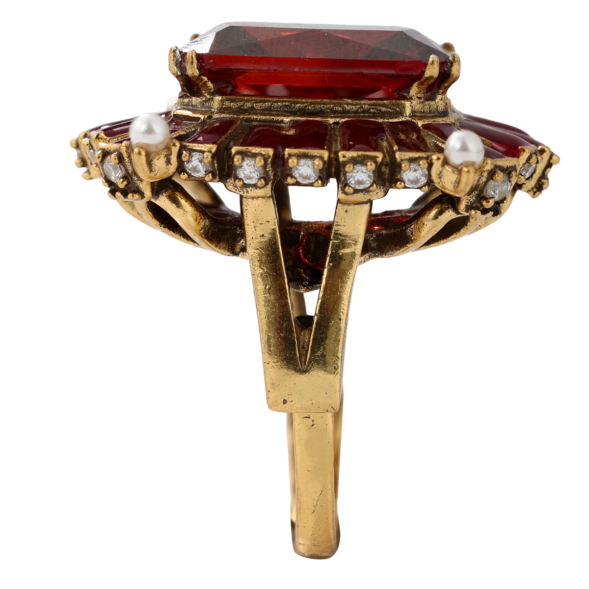 NE-RG-0059 Silver Red Stone Pearl Halo Statement Ring