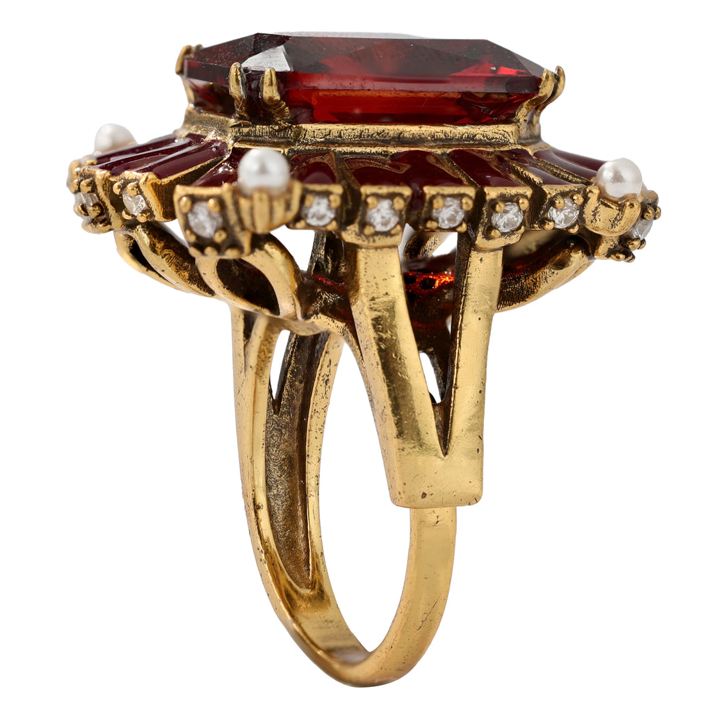 NE-RG-0059 Silver Red Stone Pearl Halo Statement Ring