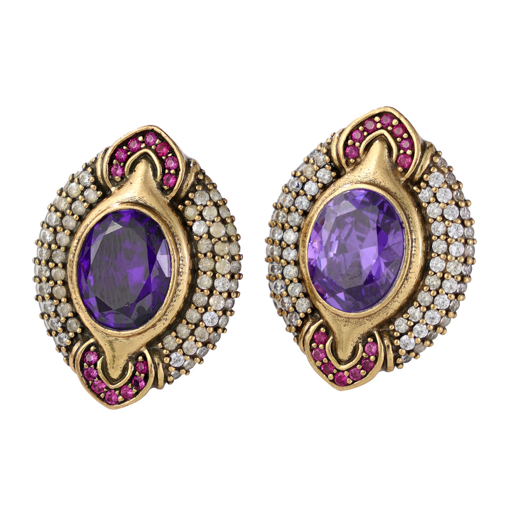Purple Oval Gemstone Pavé Stud Earrings