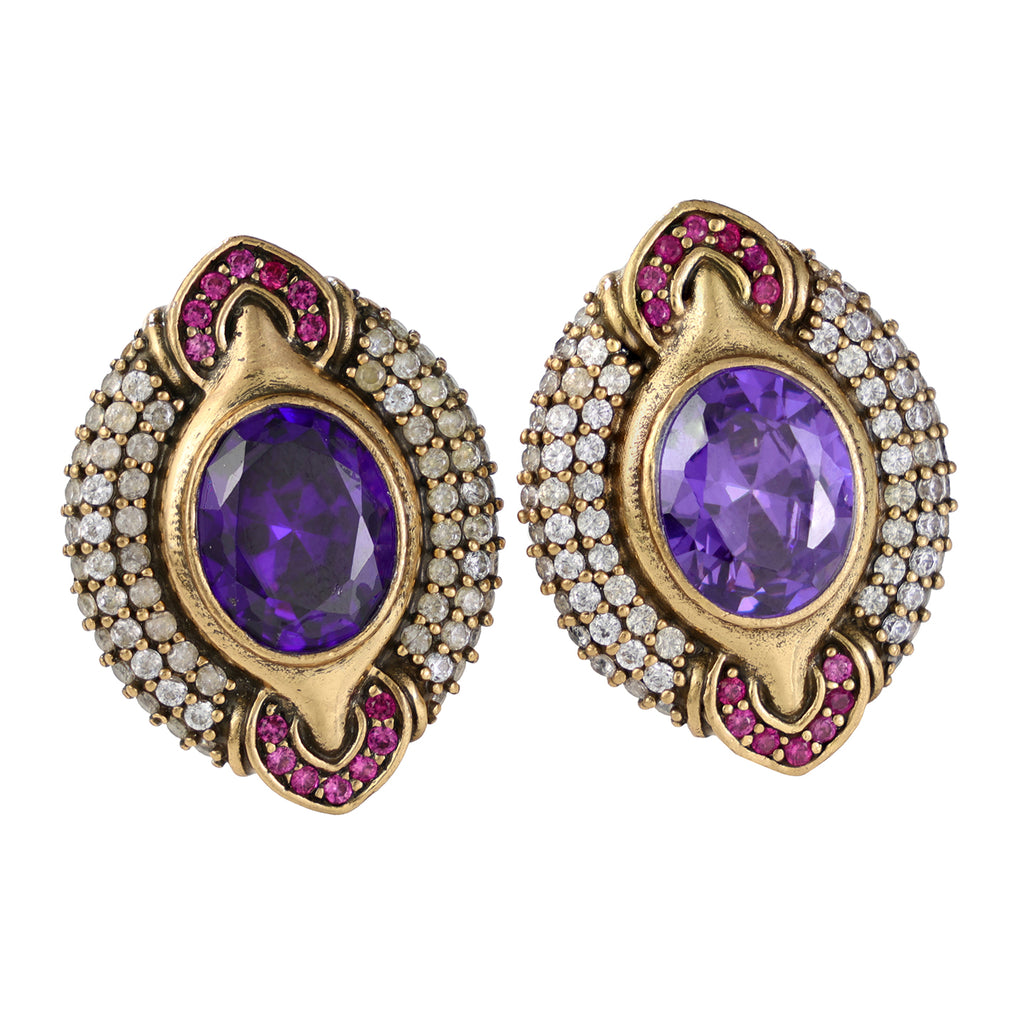 Purple Oval Gemstone Pavé Stud Earrings