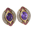 Purple Oval Gemstone Pavé Stud Earrings