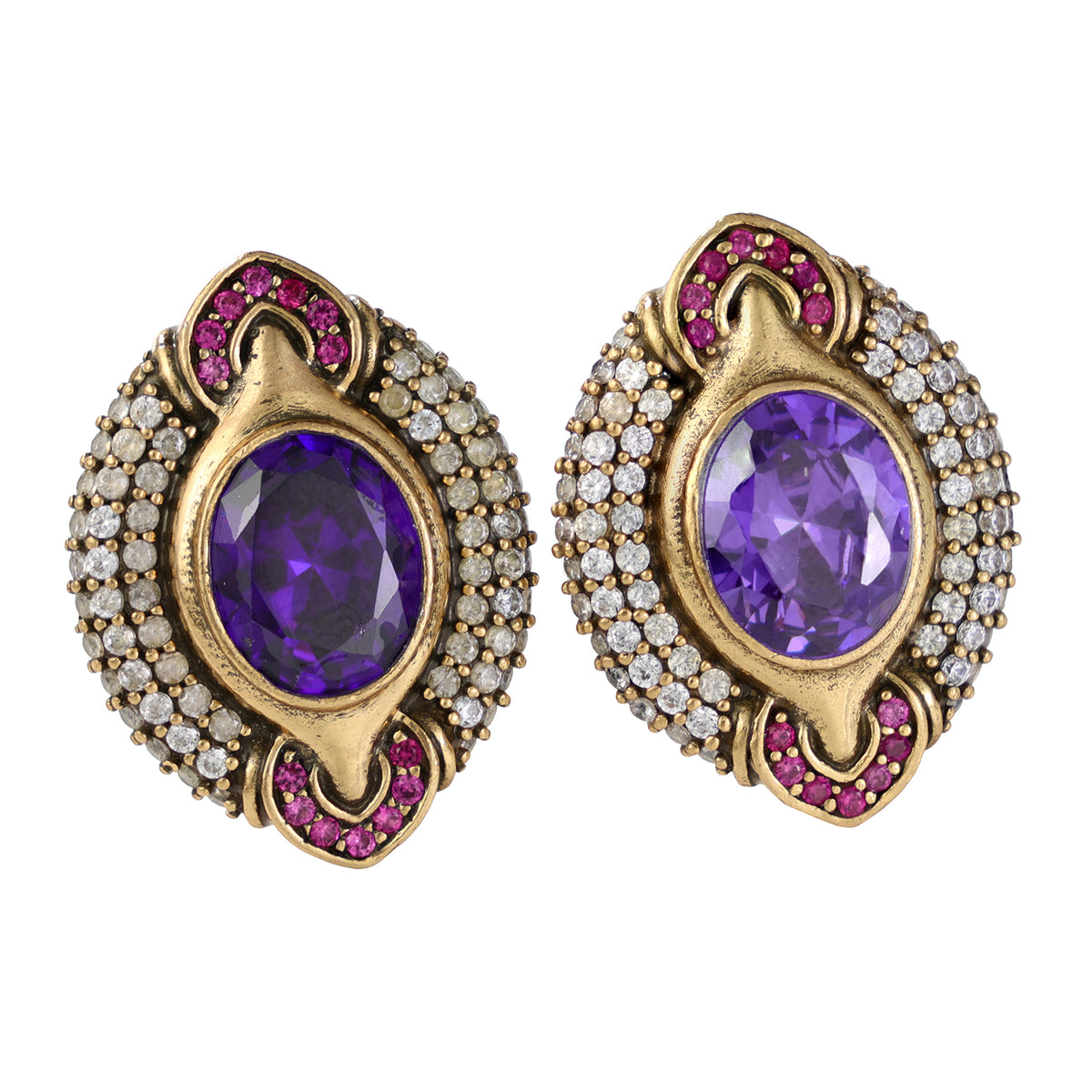 Purple Oval Gemstone Pavé Stud Earrings