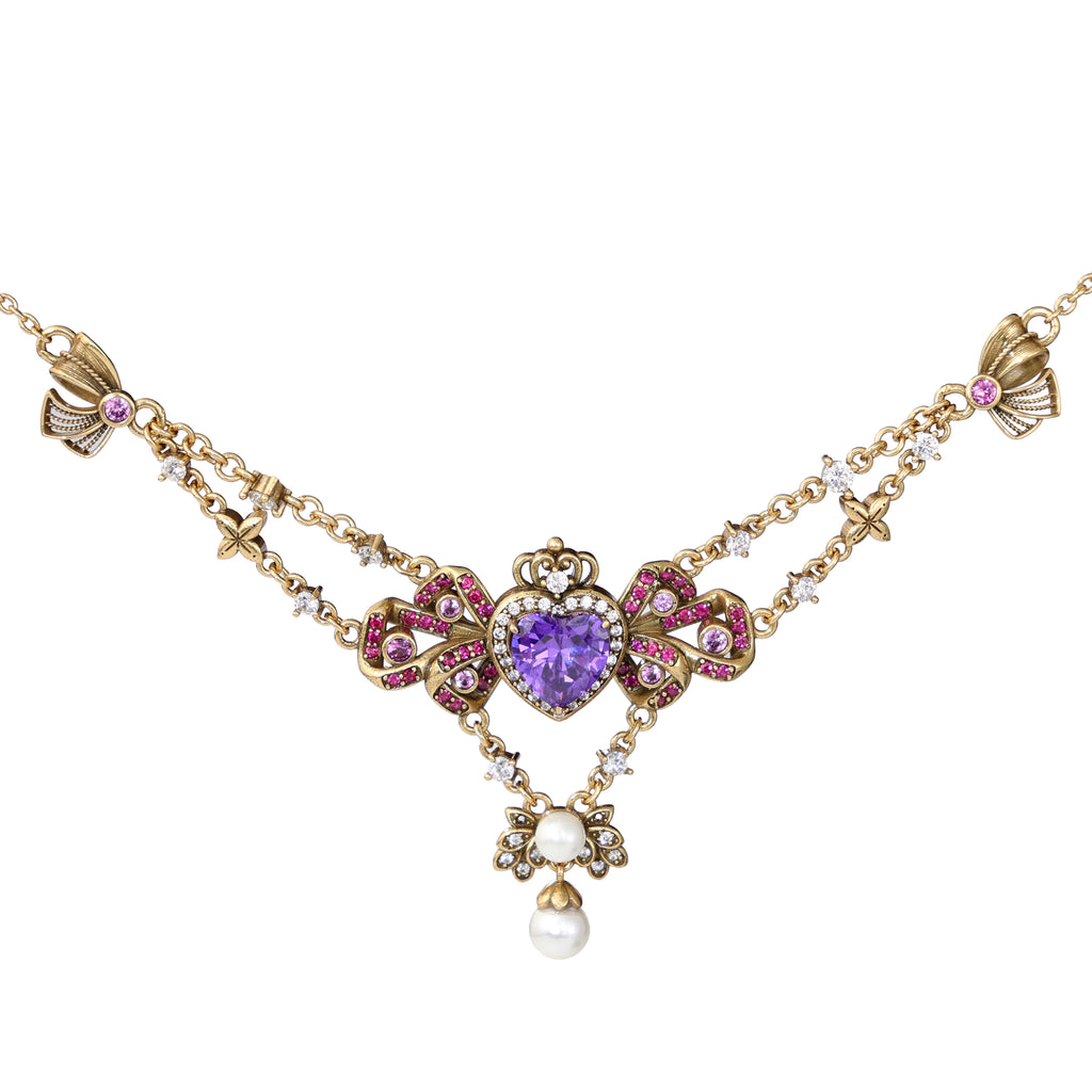 Purple Heart Bow Drop Necklace