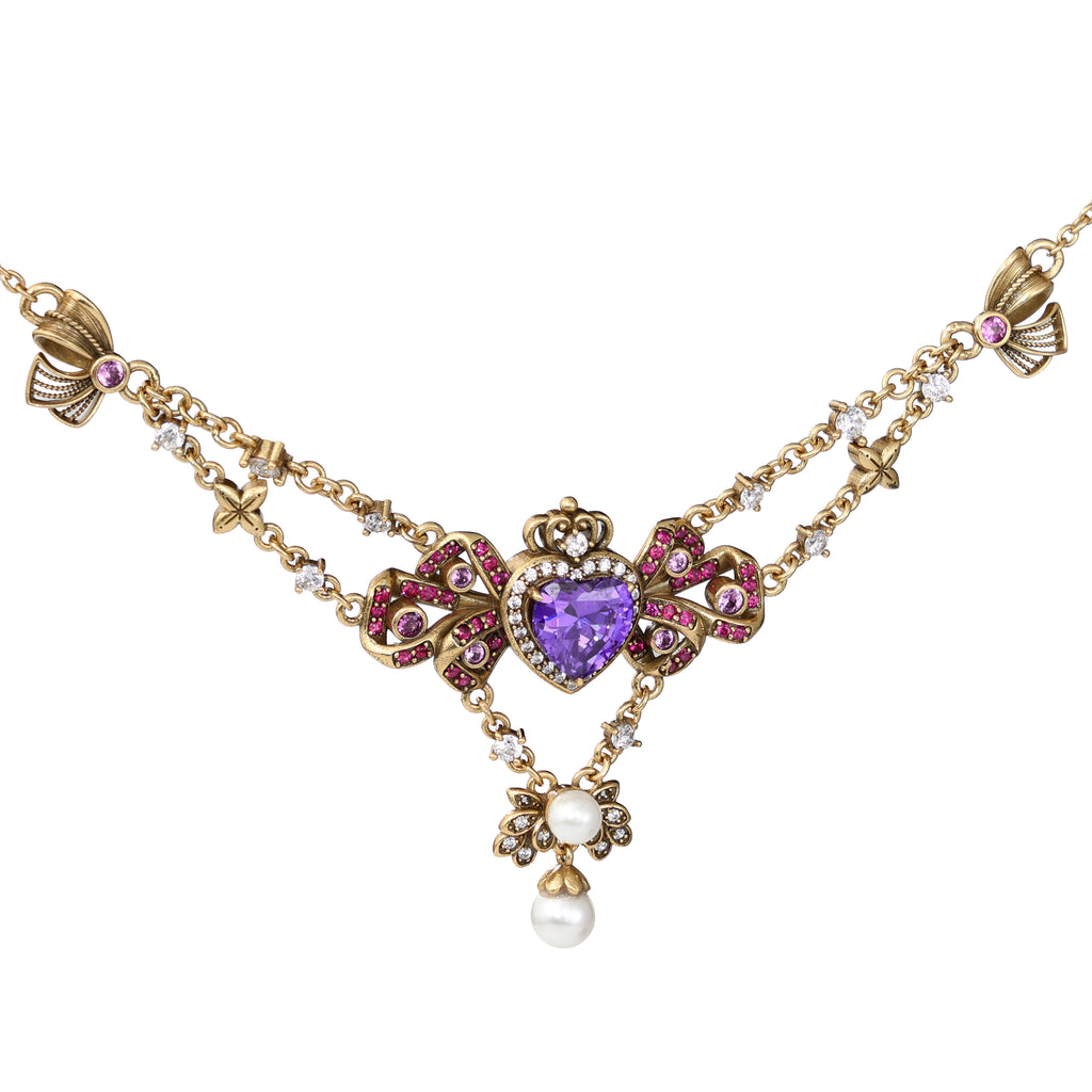 Purple Heart Bow Drop Necklace