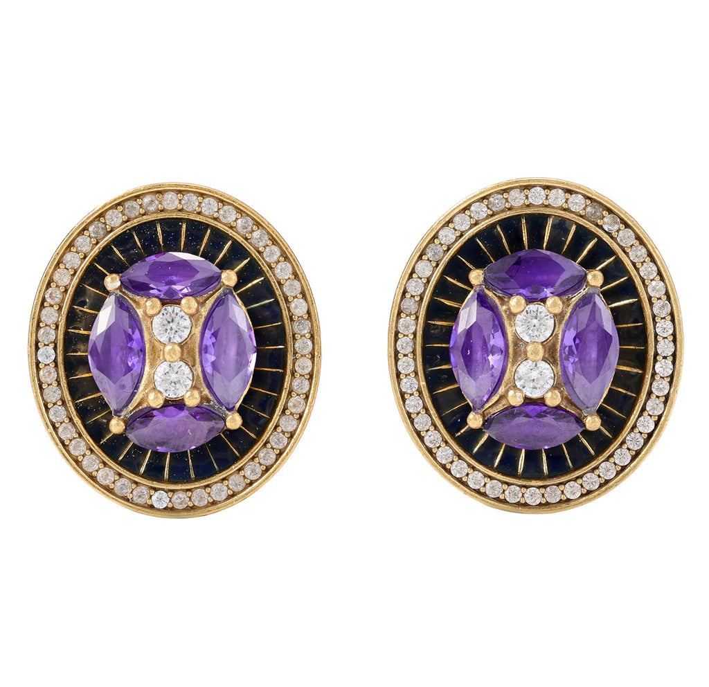 Purple Gemstone Oval Halo Stud Earrings