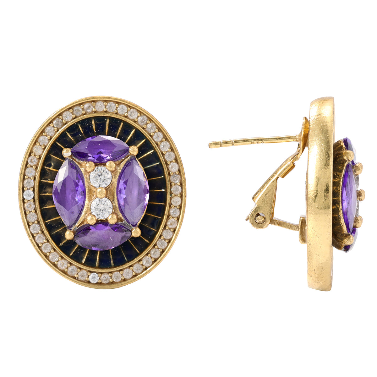 Purple Gemstone Oval Halo Stud Earrings