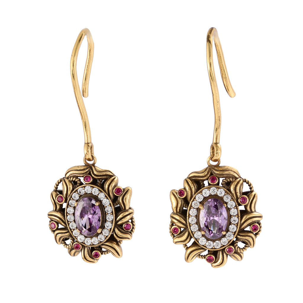 Purple Gemstone Halo Drop Earrings