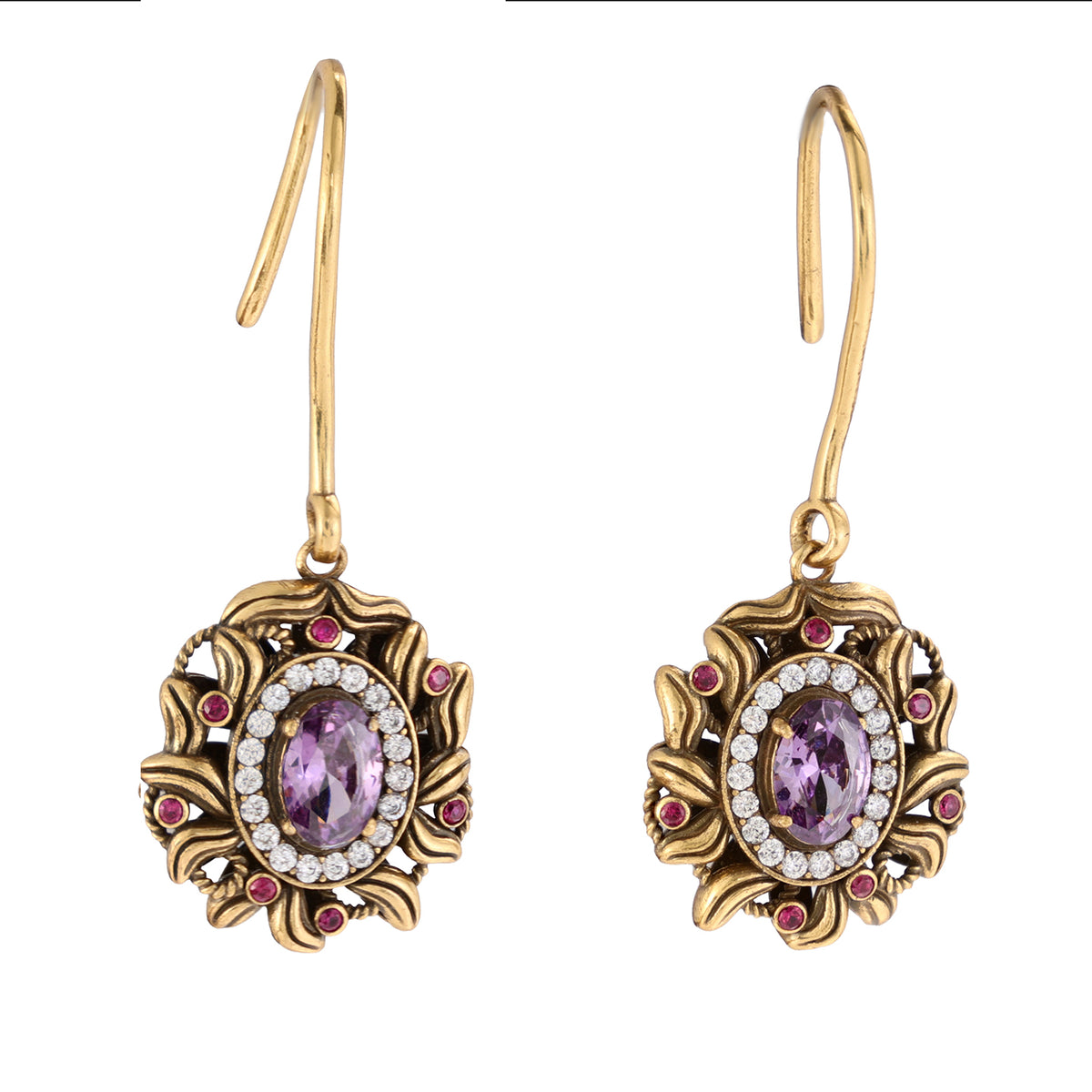 Purple Gemstone Halo Drop Earrings