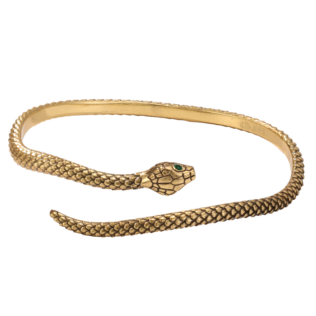 NE-BL-0001 Silver Snake Green Stone Cuff Bracelet